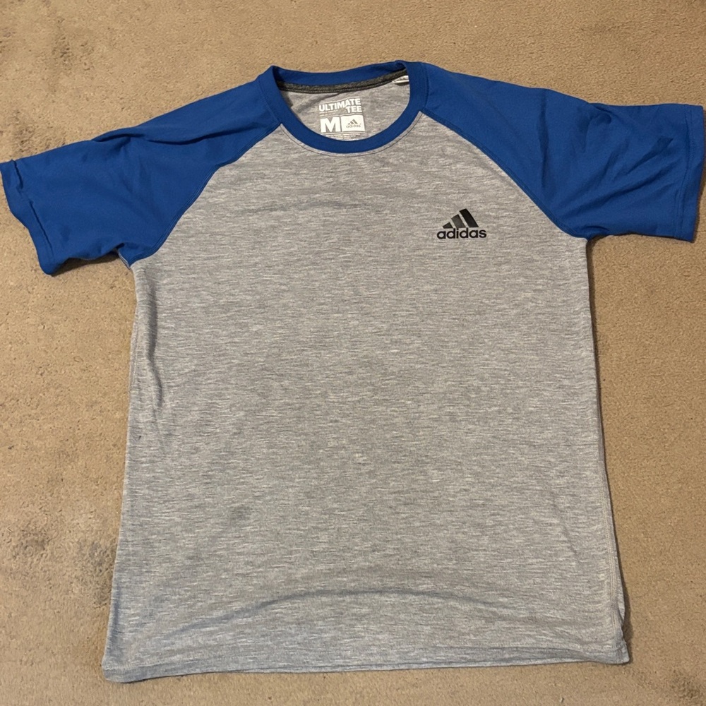5 for $25 adidas Grey Heather Body with Blue Raglan Sleeve Short Sleeve Tee